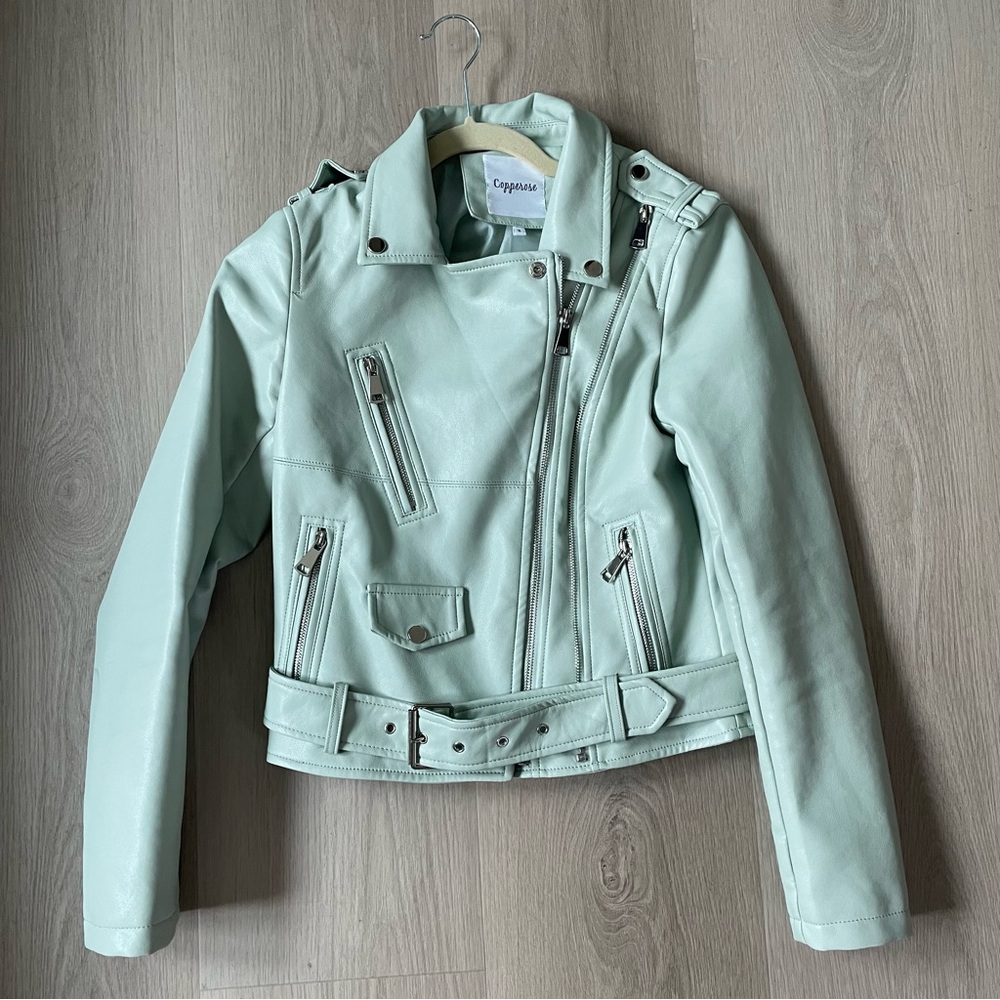 Woman Small Mint Green Faux Leather Jacket Moto Spring Belt Pockets Rock Edgy